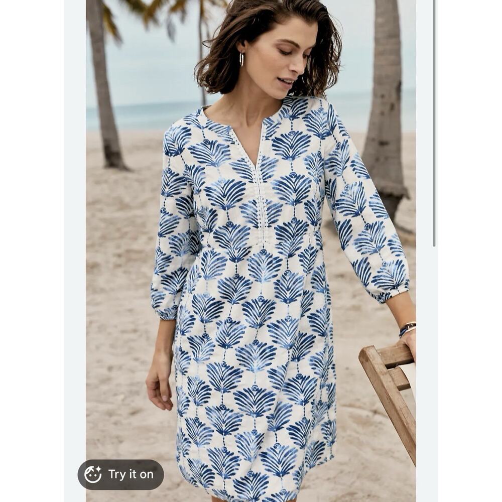 J Jill Split Neck Cotton Blue White Floral Fan Worn 1x Lined Embroidered Neck